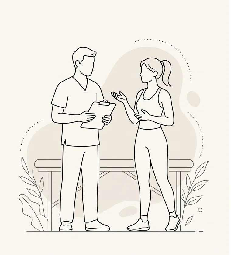Ilustração: fisioterapeuta e aluna conversando sobre o atendimento na SEU
